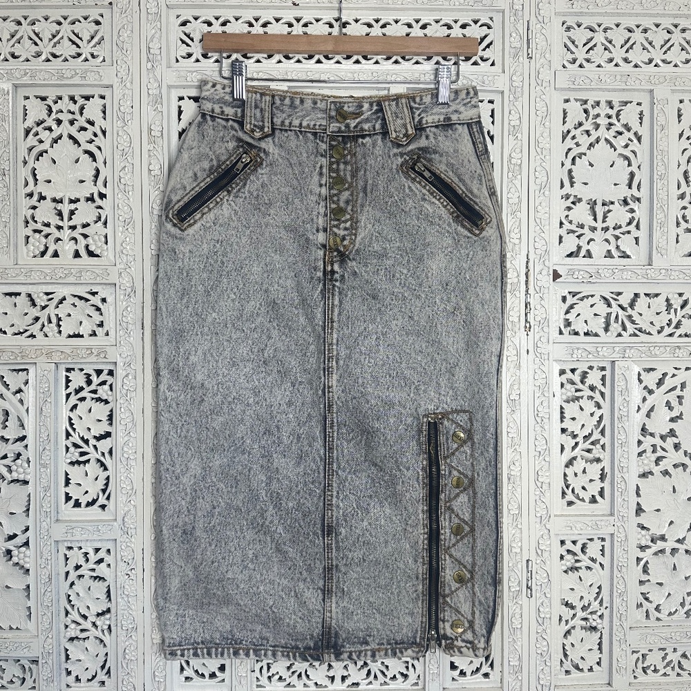 Vintage Get Used By Elie Acid Wash Grunge Denim Midi Skirt‎ Zipper Details Sz S